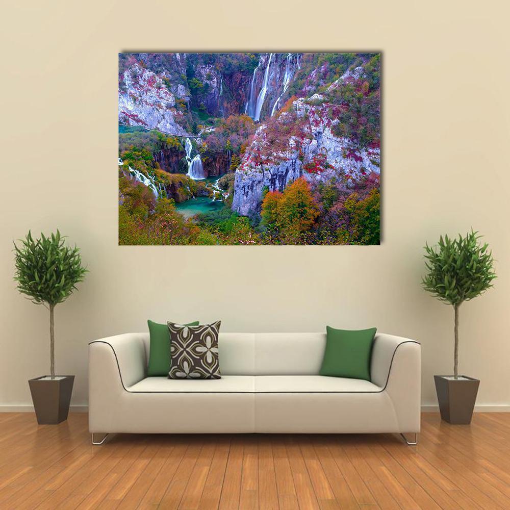 Plitvice National Park Waterfalls Canvas Wall Art in gray, green and blue, single panel hung on a wall