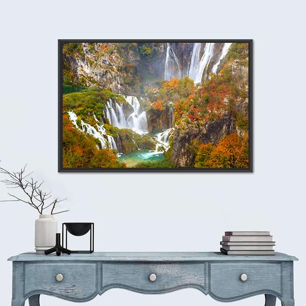 Waterfalls Of Plitvice National Park In Autumn Canvas Wall Art-1 Piece-Floating Frame-24" x 16"-Tiaracle