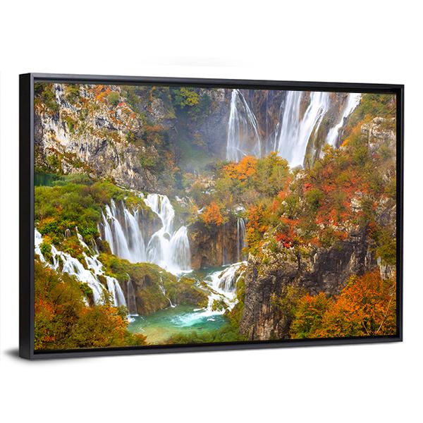 Waterfalls Of Plitvice National Park In Autumn Canvas Wall Art-3 Horizontal-Gallery Wrap-25" x 16"-Tiaracle