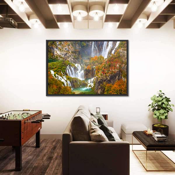 Waterfalls Of Plitvice National Park In Autumn Canvas Wall Art-3 Horizontal-Gallery Wrap-25" x 16"-Tiaracle