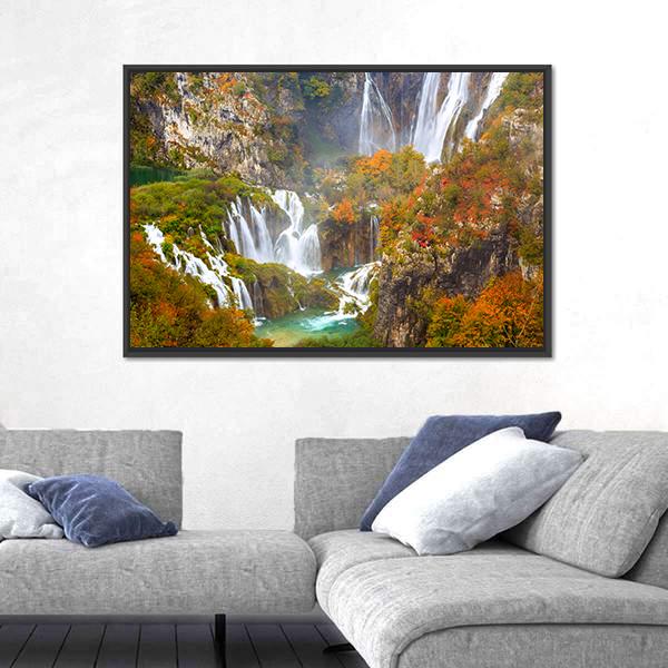Waterfalls Of Plitvice National Park In Autumn Canvas Wall Art-3 Horizontal-Gallery Wrap-25" x 16"-Tiaracle