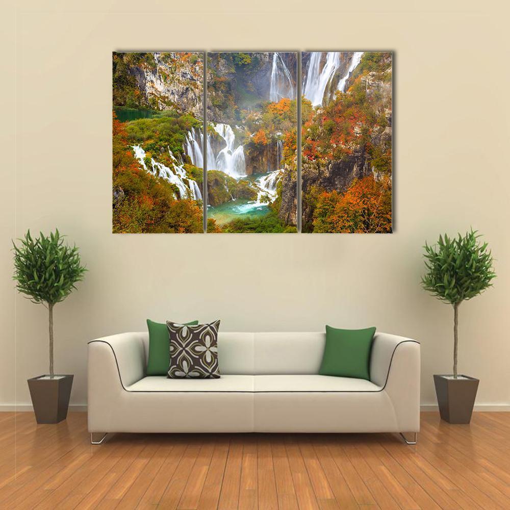 Waterfalls Of Plitvice National Park In Autumn Canvas Wall Art-3 Horizontal-Gallery Wrap-37" x 24"-Tiaracle
