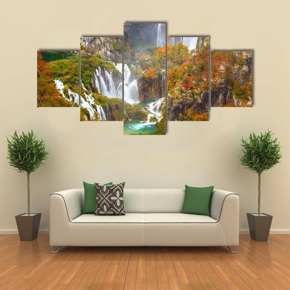Waterfalls Of Plitvice National Park In Autumn Canvas Wall Art-5 Star-Gallery Wrap-62" x 32"-Tiaracle