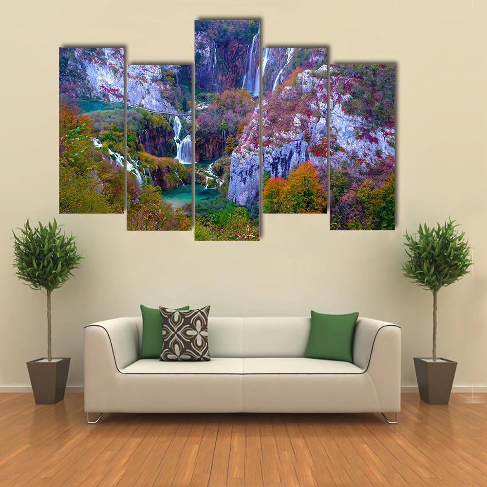 Waterfalls Of Plitvice National Park Canvas Wall Art-5 Pop-Gallery Wrap-47" x 32"-Tiaracle