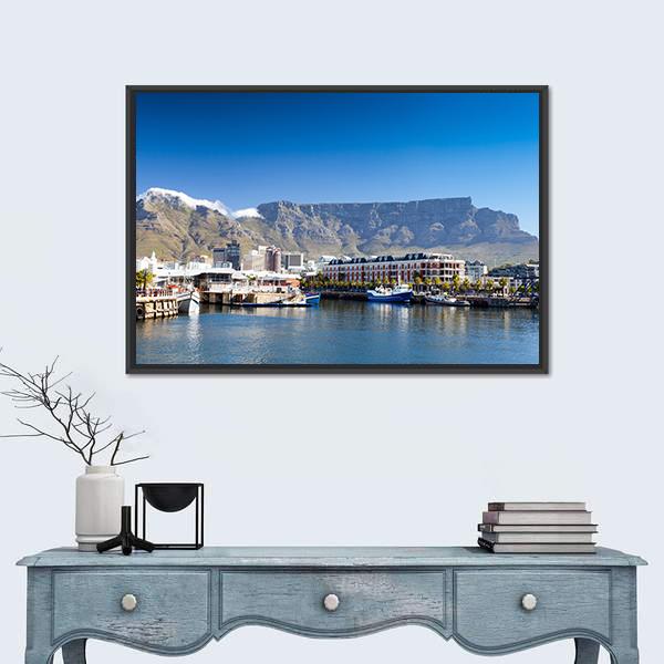 Waterfront And Table Mountain Canvas Wall Art-1 Piece-Floating Frame-24" x 16"-Tiaracle