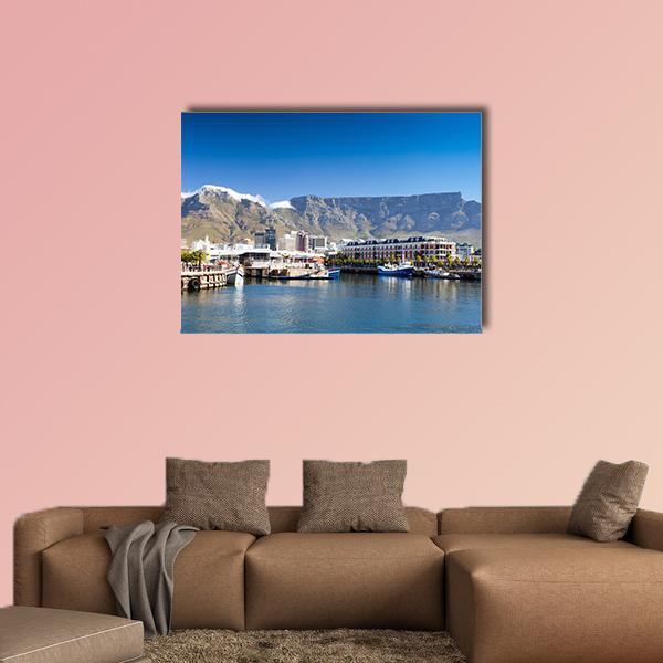 Table Mountain Waterfront Harbor Scene Canvas Wall Art in gray, brown and blue, single panel hung on a wall