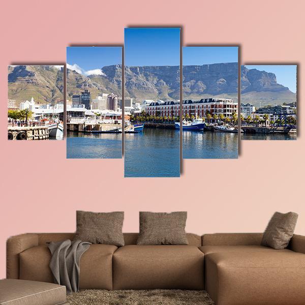 Waterfront And Table Mountain Canvas Wall Art-5 Star-Gallery Wrap-62" x 32"-Tiaracle