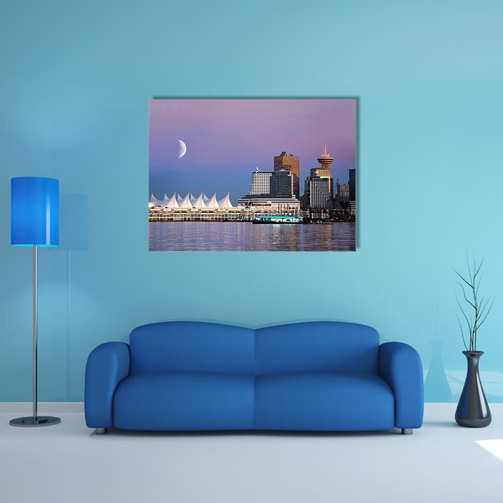 Waterfront at Canada Place Canvas Wall Art in white, blue and purple, single panel hung on a wall