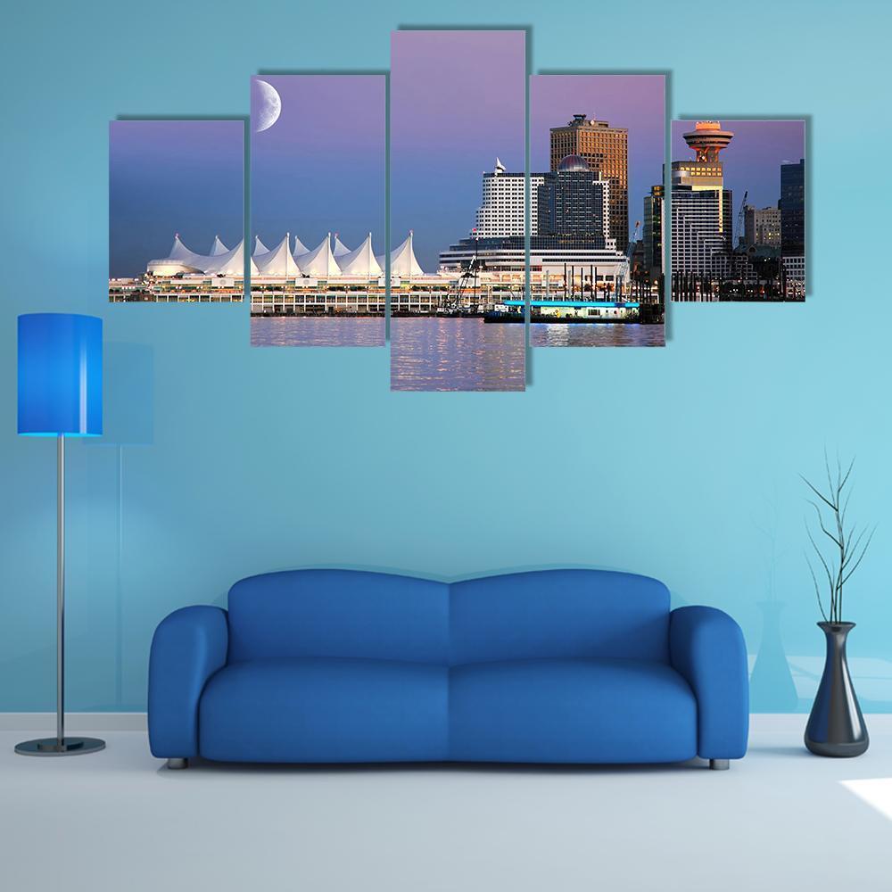 Waterfront at Canada Place Canvas Wall Art in white, blue and purple, 5 panel Star layout hung on a wall