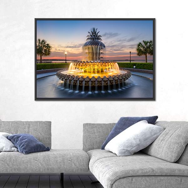 Waterfront Park Pineapple Fountain In Charleston Canvas Wall Art-1 Piece-Floating Frame-36" x 24"-Tiaracle