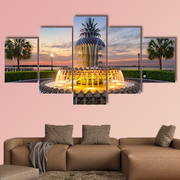 Waterfront Park Pineapple Fountain In Charleston Canvas Wall Art-5 Star-Gallery Wrap-62&quot; x 32&quot;-Tiaracle