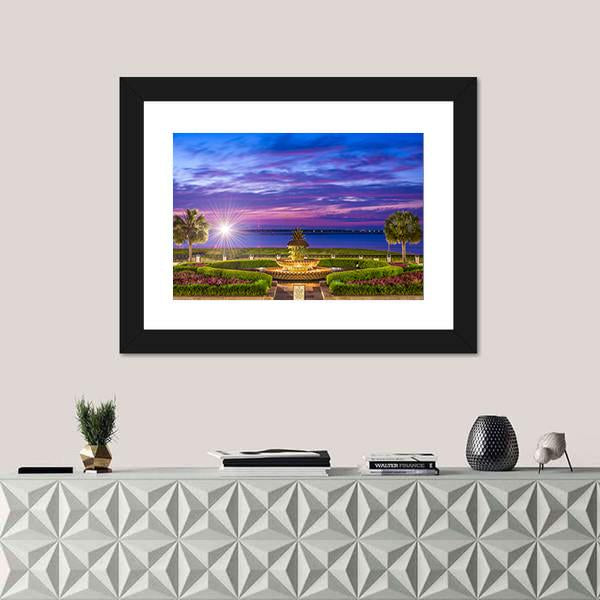 Waterfront Park With Pineapple Fountain Canvas Wall Art-1 Piece-Framed Print-20" x 16"-Tiaracle