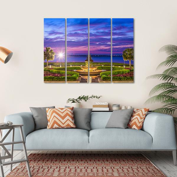 Waterfront Park With Pineapple Fountain Canvas Wall Art-4 Horizontal-Gallery Wrap-34" x 24"-Tiaracle