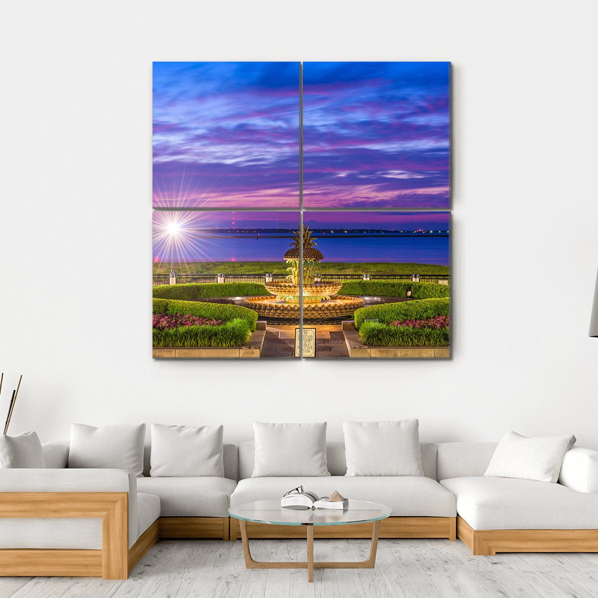 Waterfront Park With Pineapple Fountain Canvas Wall Art-4 Square-Gallery Wrap-17" x 17"-Tiaracle