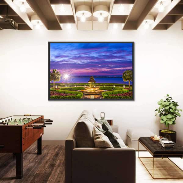 Waterfront Park With Pineapple Fountain Canvas Wall Art-3 Horizontal-Gallery Wrap-25" x 16"-Tiaracle