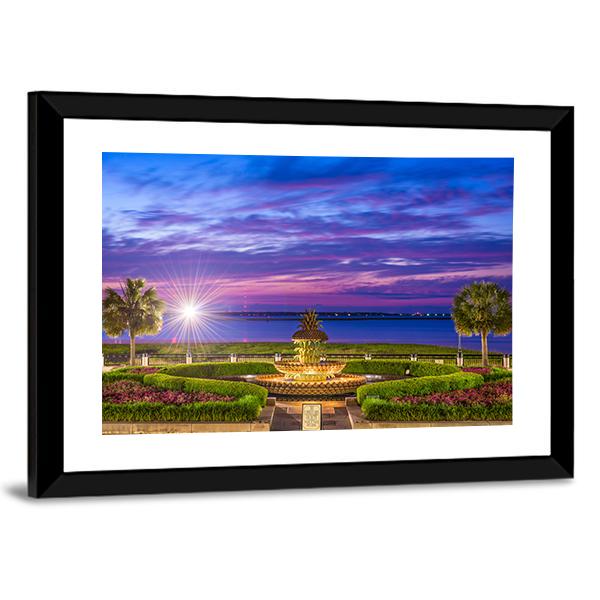Waterfront Park With Pineapple Fountain Canvas Wall Art-3 Horizontal-Gallery Wrap-25" x 16"-Tiaracle