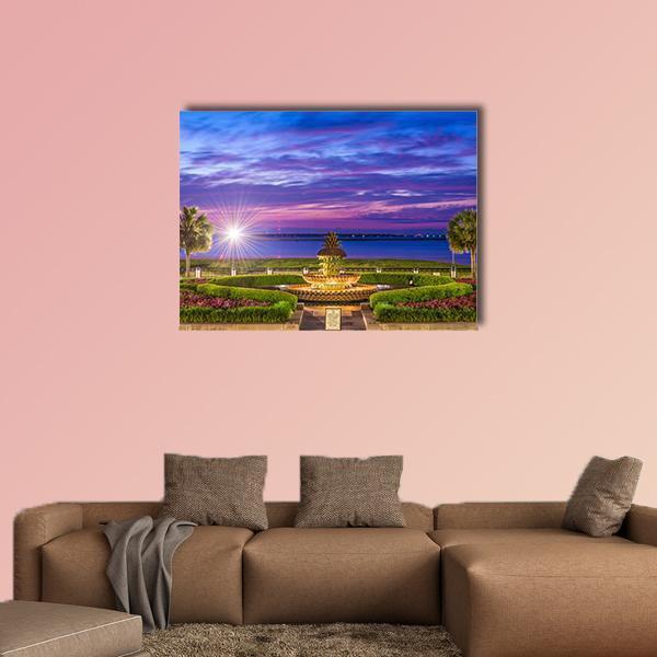 Waterfront Park with Pineapple Fountain Canvas Wall Art in green, blue and purple, single panel hung on a wall