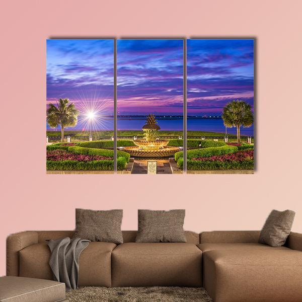 Waterfront Park With Pineapple Fountain Canvas Wall Art-3 Horizontal-Gallery Wrap-25" x 16"-Tiaracle