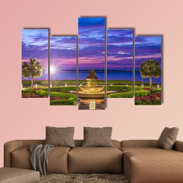 Waterfront Park With Pineapple Fountain Canvas Wall Art-5 Pop-Gallery Wrap-47" x 32"-Tiaracle