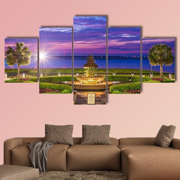 Waterfront Park With Pineapple Fountain Canvas Wall Art-5 Star-Gallery Wrap-62" x 32"-Tiaracle