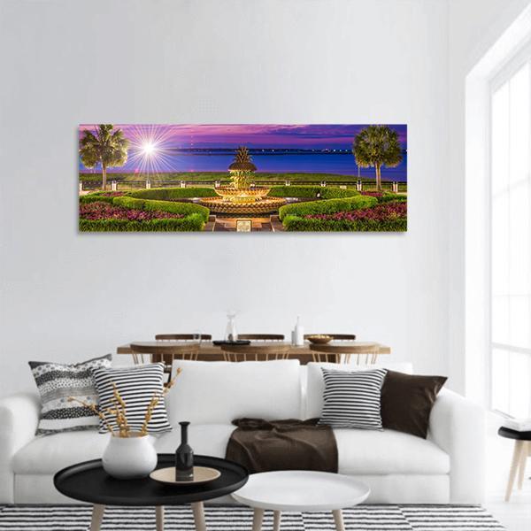 Waterfront Park With Pineapple Fountain Panoramic Canvas Wall Art-1 Piece-36" x 12"-Tiaracle