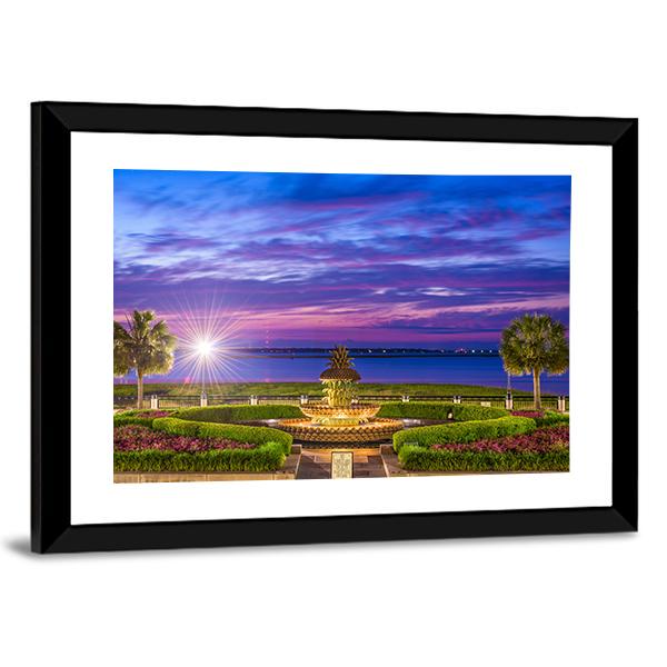 Waterfront Park With Pineapple Fountain Panoramic Canvas Wall Art-1 Piece-36" x 12"-Tiaracle