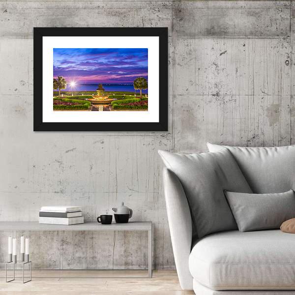 Waterfront Park With Pineapple Fountain Panoramic Canvas Wall Art-1 Piece-36" x 12"-Tiaracle