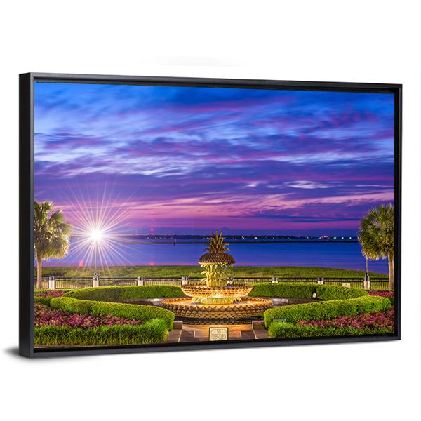 Waterfront Park With Pineapple Fountain Panoramic Canvas Wall Art-1 Piece-36" x 12"-Tiaracle