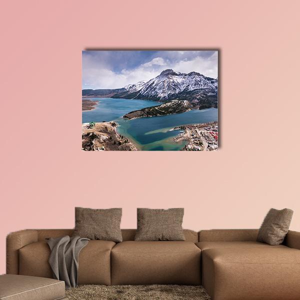 Waterton Lakes from the Bears Hump Canvas Wall Art in white, brown and blue, single panel hung on a wall