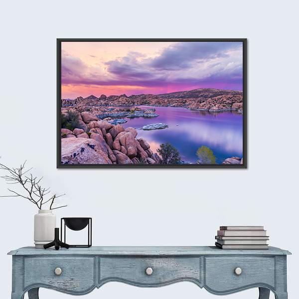 Watson Lake At Sunset Canvas Wall Art-1 Piece-Floating Frame-36" x 24"-Tiaracle
