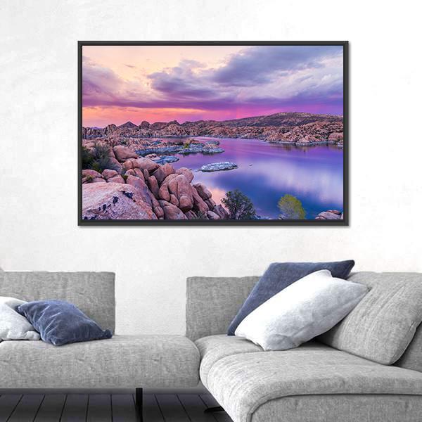 Watson Lake At Sunset Canvas Wall Art-5 Horizontal-Gallery Wrap-22" x 12"-Tiaracle