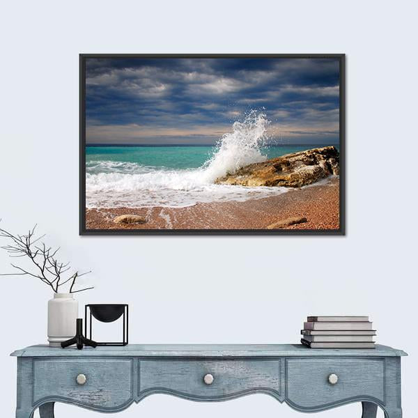 Wave Crash On The Stone Canvas Wall Art-1 Piece-Floating Frame-24" x 16"-Tiaracle