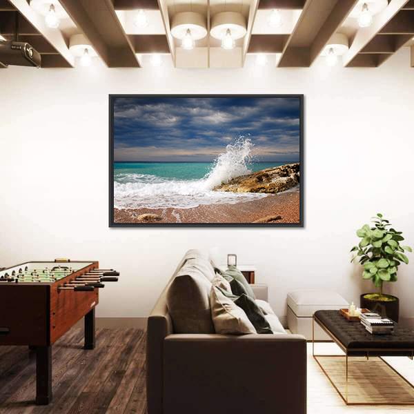 Wave Crash On The Stone Canvas Wall Art-5 Horizontal-Gallery Wrap-22" x 12"-Tiaracle