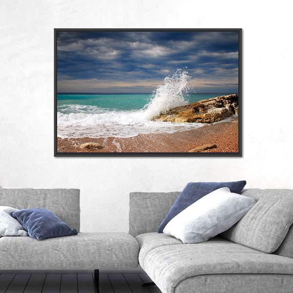 Wave Crash On The Stone Canvas Wall Art-5 Horizontal-Gallery Wrap-22" x 12"-Tiaracle
