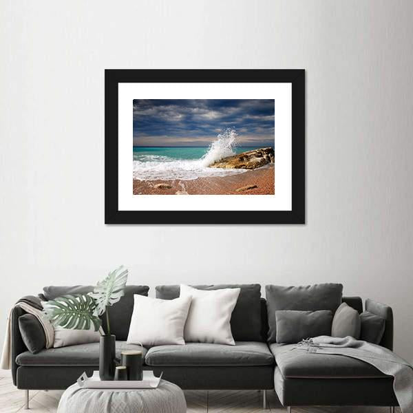 Wave Crash On The Stone Canvas Wall Art-5 Horizontal-Gallery Wrap-22" x 12"-Tiaracle