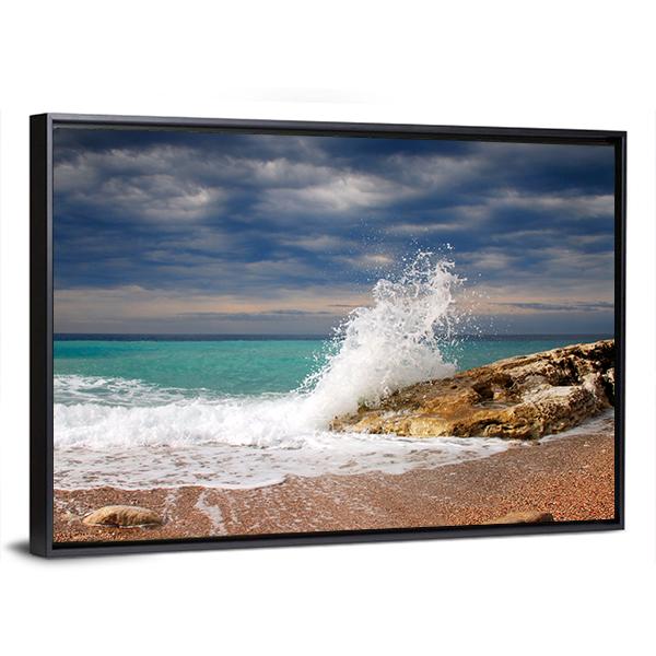Wave Crash On The Stone Canvas Wall Art-5 Horizontal-Gallery Wrap-22" x 12"-Tiaracle