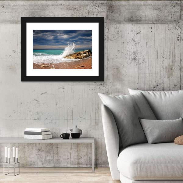 Wave Crash On The Stone Canvas Wall Art-3 Horizontal-Gallery Wrap-25" x 16"-Tiaracle