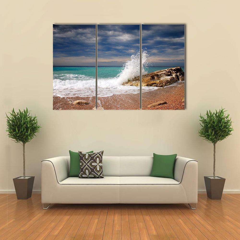 Wave Crash On The Stone Canvas Wall Art-3 Horizontal-Gallery Wrap-37" x 24"-Tiaracle