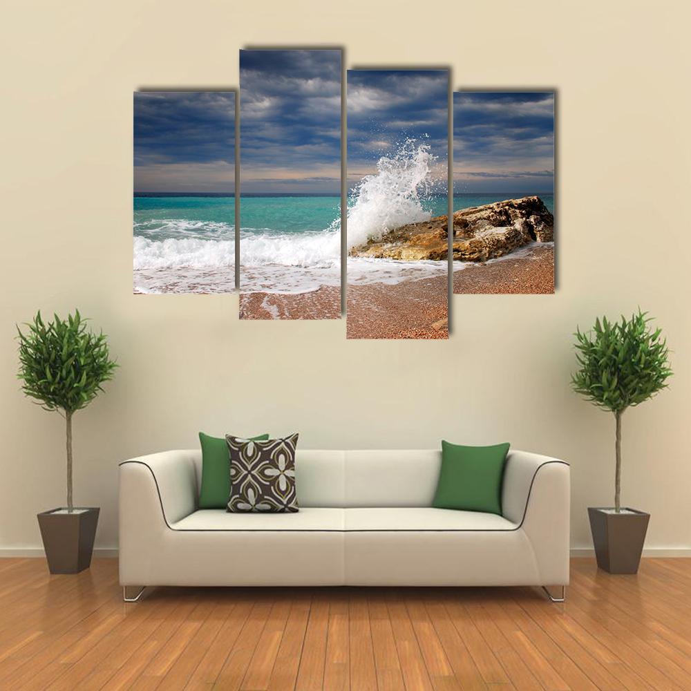 Wave Crash On The Stone Canvas Wall Art-4 Pop-Gallery Wrap-50" x 32"-Tiaracle