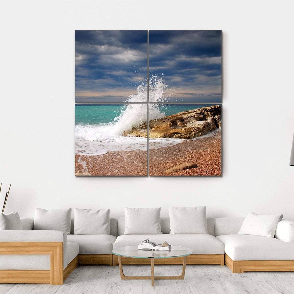 Wave Crash On The Stone Canvas Wall Art-4 Square-Gallery Wrap-17" x 17"-Tiaracle