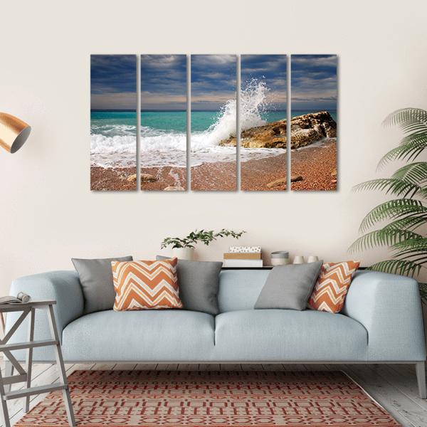 Wave Crash On The Stone Canvas Wall Art-5 Horizontal-Gallery Wrap-22" x 12"-Tiaracle