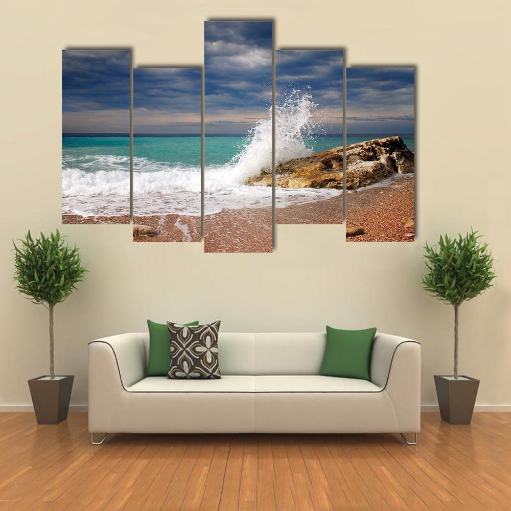 Wave Crash On The Stone Canvas Wall Art-5 Pop-Gallery Wrap-47" x 32"-Tiaracle