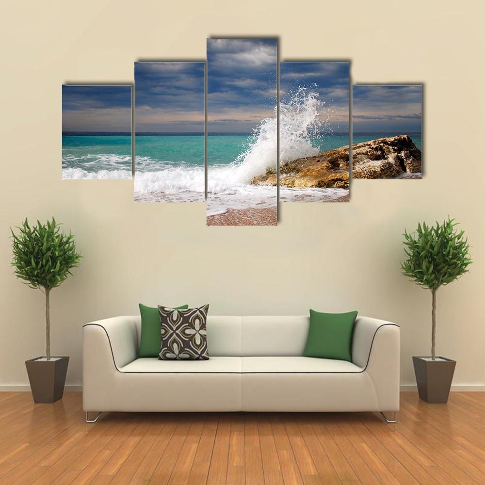 Wave Crash On The Stone Canvas Wall Art-5 Star-Gallery Wrap-62" x 32"-Tiaracle