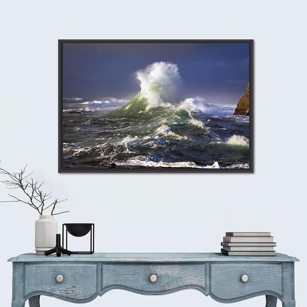 Wave Crashing Distant Storm Cape Kiwanda Canvas Wall Art-1 Piece-Floating Frame-24" x 16"-Tiaracle