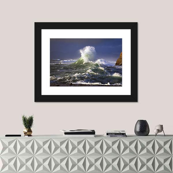 Wave Crashing Distant Storm Cape Kiwanda Canvas Wall Art-1 Piece-Framed Print-20" x 16"-Tiaracle
