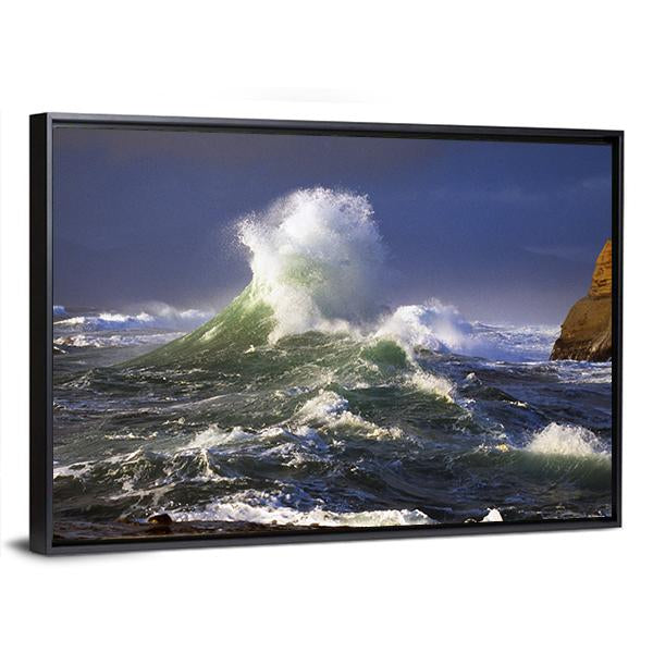 Wave Crashing Distant Storm Cape Kiwanda Canvas Wall Art-3 Horizontal-Gallery Wrap-25" x 16"-Tiaracle