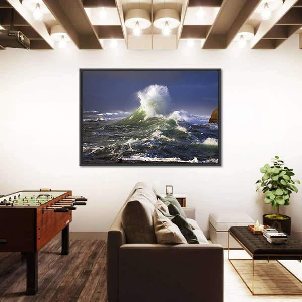 Wave Crashing Distant Storm Cape Kiwanda Canvas Wall Art-3 Horizontal-Gallery Wrap-25" x 16"-Tiaracle