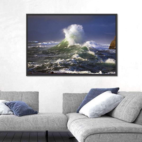 Wave Crashing Distant Storm Cape Kiwanda Canvas Wall Art-3 Horizontal-Gallery Wrap-25" x 16"-Tiaracle