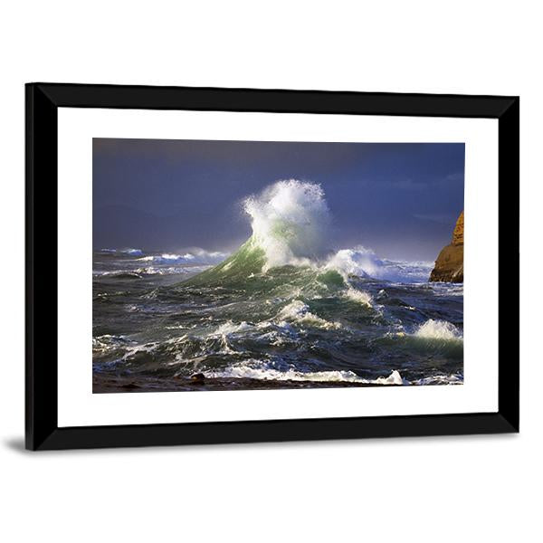 Wave Crashing Distant Storm Cape Kiwanda Canvas Wall Art-3 Horizontal-Gallery Wrap-25" x 16"-Tiaracle