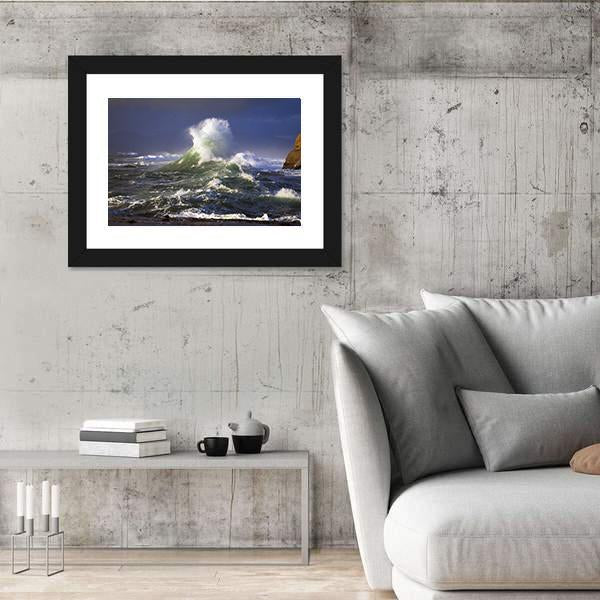 Wave Crashing Distant Storm Cape Kiwanda Canvas Wall Art-3 Horizontal-Gallery Wrap-25" x 16"-Tiaracle